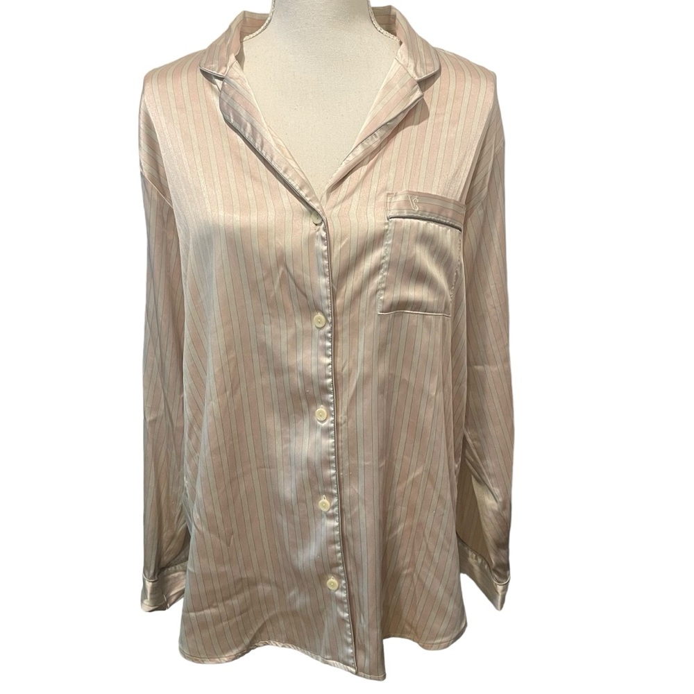 Victoria’s Secret Silky Pink and White Striped Button Down Pajama Shirt. Size L